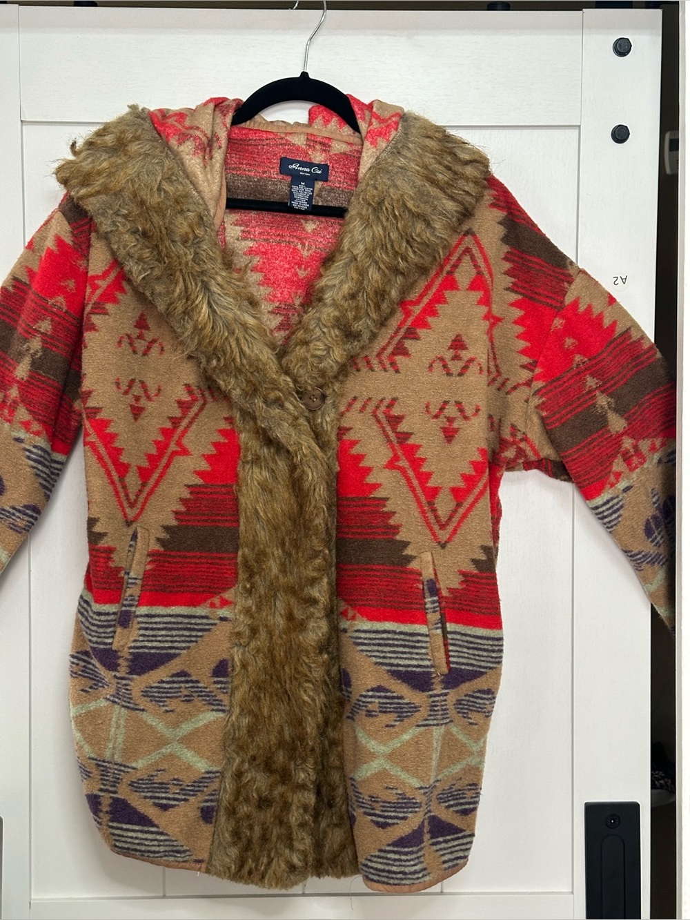 Aztec-Pattern Teddy Jacket with Faux-Fur Trim in Red & Tan